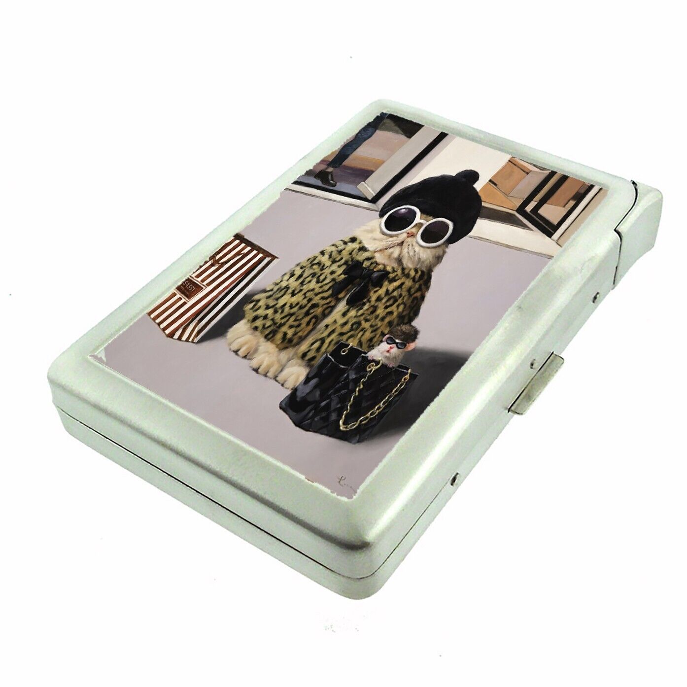 Purrrfect Day Cigarette Case with Built in Lighter Metal Wallet