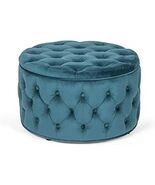 Large Upholstered Tufted Button Velvet Round Ottoman Storage Table Teal ... - $3,636.64 MXN