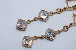 Vintage 18K Yellow Gold Clear Stone Double Square Dangle Earrings 2&quot; Dro... - $350.00