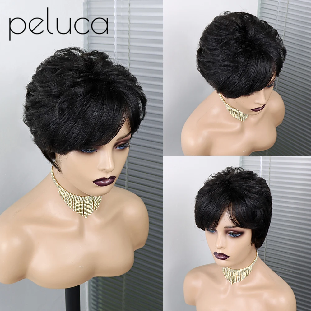 100 human hair wigs short wet and wavy remy wig short curly pixie cut with bangs thumb200
