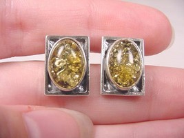 (PE40-P) oval Yellow Baltic Amber + .925 Sterling SILVER rectangle stud EARRINGS - £35.86 GBP