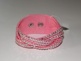 Pink Braided &quot;Moonstone&quot; Leather Wrap Bracelet Silver Rhinestones - £4.72 GBP