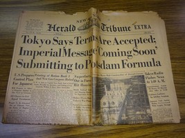 Vintage WWII August 14 1945 NY Herald Tribune Japan Surrenders  Newspaper - £91.87 GBP