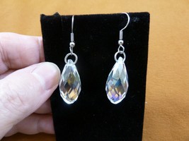 (EE505-10) faceted clear white crystal teardrop dangle silver tone wire earrings - £12.50 GBP