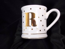 Pier One mini espresso mug white gold dots letter R 3.5 oz - $6.79