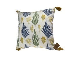 Creative Coop Pillow White Blue Green Gold Leaf Pattern 16&quot; Square Tassel Corner - £30.95 GBP