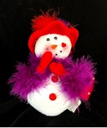 Red Hat Ornament 7&quot; Tall Snowman w Velveteen Red Hat &amp; Gloves Purple Fea... - $8.90