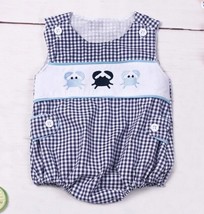 NEW Boutique Baby Boys Embroidered Crab Blue Plaid Romper Jumpsuit - £13.58 GBP