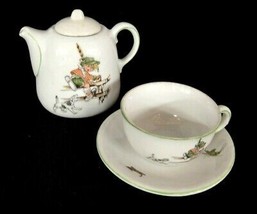 Vintage Childs Toy Porcelain Teapot and Cup Boy on Fence Dog West Germany - £11.86 GBP