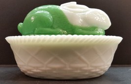 Antique 1900s Westmoreland Green and White Milk Glass Rabbit Lidded Candy Dish - $80.00