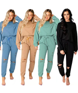 Women&#39;S  Ripped round Neck Pullover Pants Casual Sweatshirt Cotton Suit - £34.88 GBP
