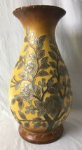 Large Oriental Vase Yellow and Brown with Pewter Silver Flowers 18&quot; Tall MCM - £48.07 GBP