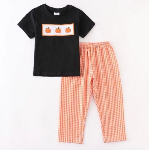 Primary image for NEW Boutique Pumnpkin Boys Embroidered Panel Shirt Plaid Pants Outfit Set