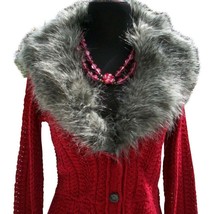Cache Removable Faux Fox Collar Red Knit Cardigan Top New Stretch $168 NWT - $67.20