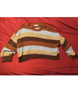 Love J Striped Chunky Knit Sweater L Rust Brown Tan Blue Cozy Fall Vibes - $23.51 CAD