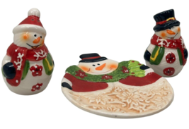 Snowman Salt and Pepper Shaker Set of 3 w/Tray Ceramic Christmas Holiday Decor - £14.73 GBP