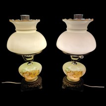 2 Hurricane Table Lamps Milk Glass Pair Set Pair Green Hand-Painted VTG Floral - £237.09 GBP