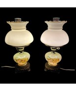 2 Hurricane Table Lamps Milk Glass Pair Set Pair Green Hand-Painted VTG ... - £237.96 GBP
