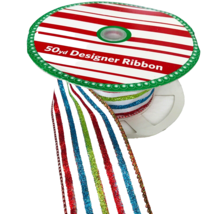 Roll Designer Ribbon 14 yds White w/ Red Green Blue Stripes 2.5&quot; Wide Wired Edge - £15.23 GBP