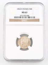 1852-A Francia 50 Céntimos Moneda de Plata MS-63 NGC Paris 50c Centavo K... - $675.68