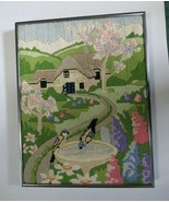 Vintage Hand Embroidered Framed Needlework Country Birds Birdbath Home - £23.96 GBP
