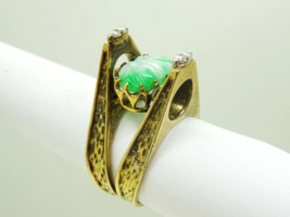 Mid-Century Carved Green White Swirl Jade &amp; Diamond Ring 14k Gold Size 6.5 - £1,201.18 GBP