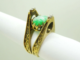 Mid-Century Carved Green White Swirl Jade &amp; Diamond Ring 14k Gold Size 6.5 - £1,208.51 GBP