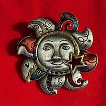 Vintage Multi-colored Full Man In The Moon Face  2&quot; Pin Brooch Pewter - £13.41 GBP