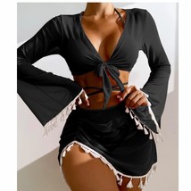 4pcs Solid Color Bikini With Short Skirt And Long Sleeve Cover-up Fashio... - $29.99