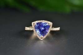 2.50Ct Trillion Cut Tanzanite Halo Diamond Engagement Ring 14K Rose Gold Finish - £74.36 GBP