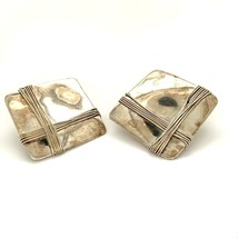 Vintage Signed Sterling Silver Handmade Square Shape Wire Wrapped Stud Earrings - £55.56 GBP