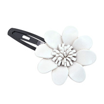 Stylish and Chic Pure White Flower Genuine Leather Barrette Hair Clip - £8.06 GBP