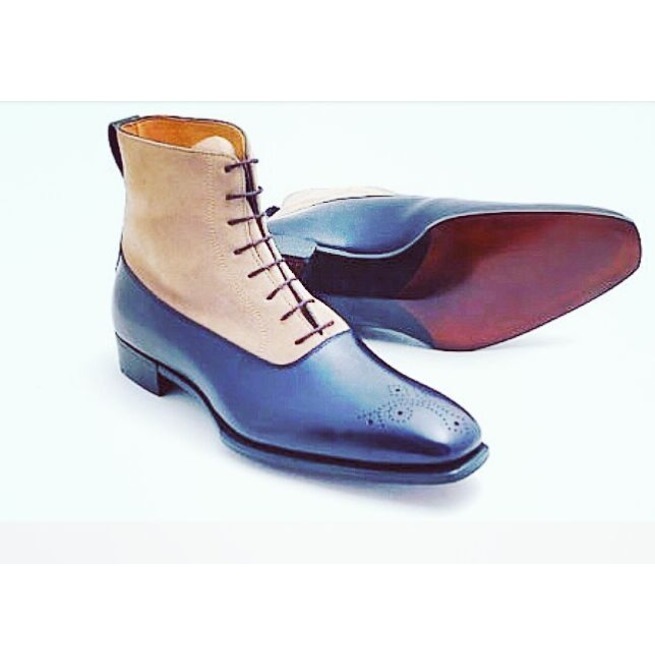 NEW  Handmade Men Beige Blue Ankle High Lace up boot, Mens Leather Suede Fashion