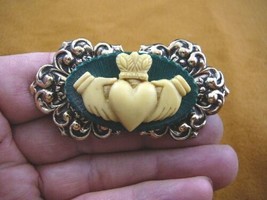 (CM38-94) traditional CLADDAGH heart hands Green + ivory CAMEO brass Pin Pendant - £26.23 GBP