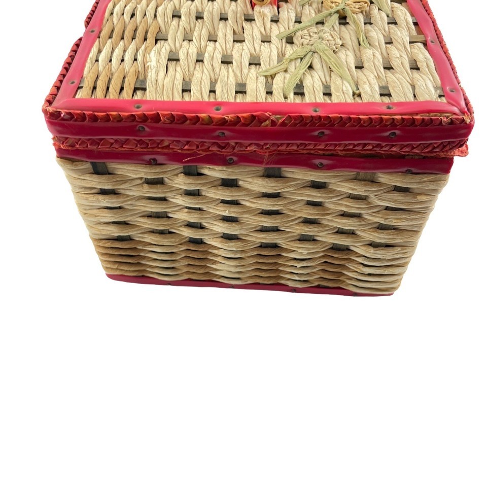 Vintage Woven Sewing Basket w Red Trim Satin Interior Notions Patches Needles Item image 5