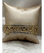 Gold Tone and Crystal Hinged Bangle Bracelet Cutout Delicate Scroll Work - $466.91 MXN