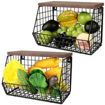 2Pcs Fruit Basket For Kitchen With Wood Lid, Wall Mounted Stackable Counter Bask - $47.99