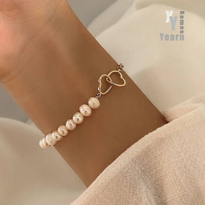 Stainless Steel Hear Splicing Pearl Bracelets For Woman in Korean Fashion Jewelr - £16.42 GBP