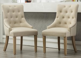 Roundhill Furniture&#39;S Pair Of Tan Button-Tufted Solid Wood Wingback Hostess - £199.64 GBP