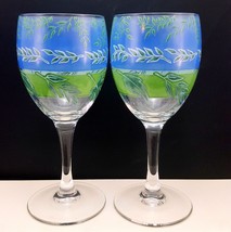 Luminarc Summer Leaves Wine Glasses Set of 2 Clear w Blue and Green 8 oz - £13.76 GBP