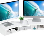 Teamix White Dual Monitor Stand Riser With Drawer – Length And Angle Adj... - $51.97