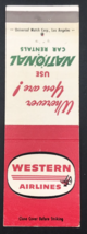 Western Airlines w/ Map Indian Head Logo National Car Rentals Matchbook Cover - £7.44 GBP