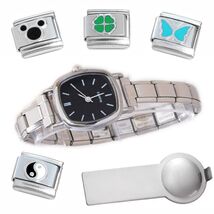Black Squircle Italian Charm Watch Bracelet with Lines Plus Tool &amp; Ename... - €16,04 EUR