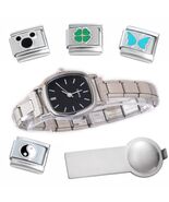 Black Squircle Italian Charm Watch Bracelet with Lines Plus Tool &amp; Ename... - €16,03 EUR