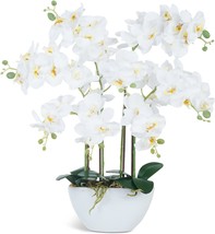 Artificial Orchid Flowers &amp; Plants Potted In Ceramic Pot, White Faux - £40.88 GBP