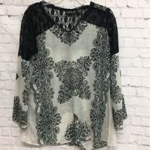 Lola P Womens Blouse Black White Floral Long Sleeve V Neck Crochet Pullo... - $1.97