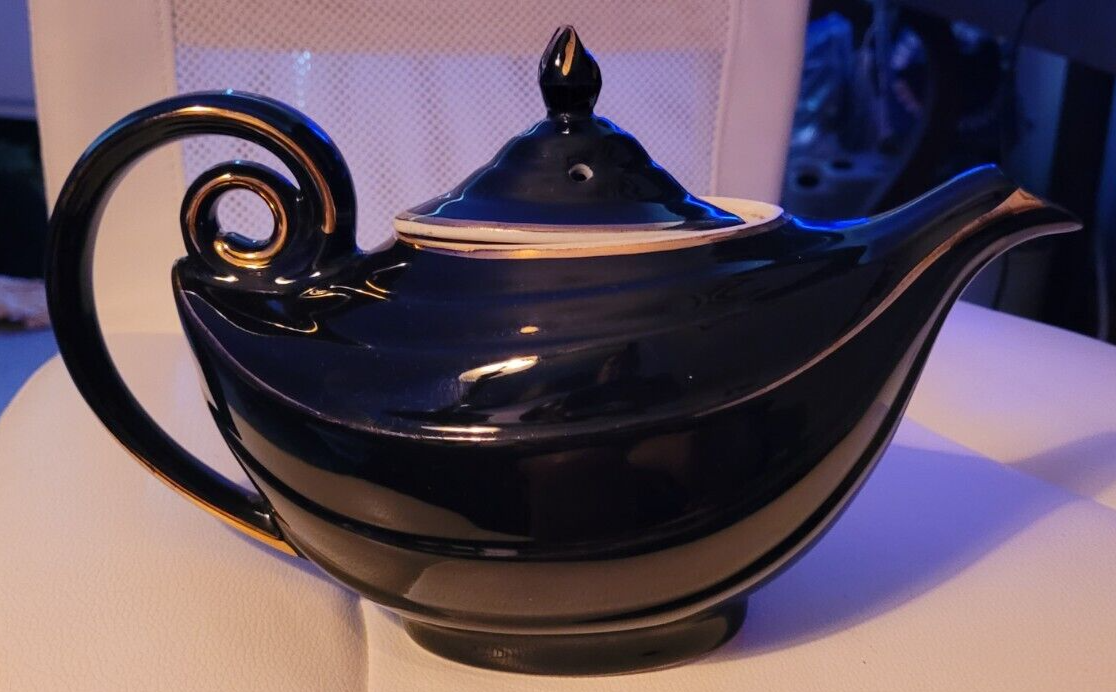 Vintage Hall Aladdin 6 Cup Tea Pot Ceramic Black Gold Accents Collectibl... - $29.99