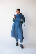 Vintage Koos Van Den Akker Blue Wool Mohair Coat Floral Accents Belted S/M - $691.02