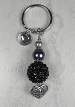 Rhinestone Ball Glass Pearl Heart Black Silver Keychain Handmade New - $16.82