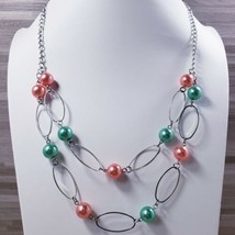 Coral &amp; Green Faux Pearls 23&quot;- 25&quot; Silver Tone Statement Necklace - $8.97